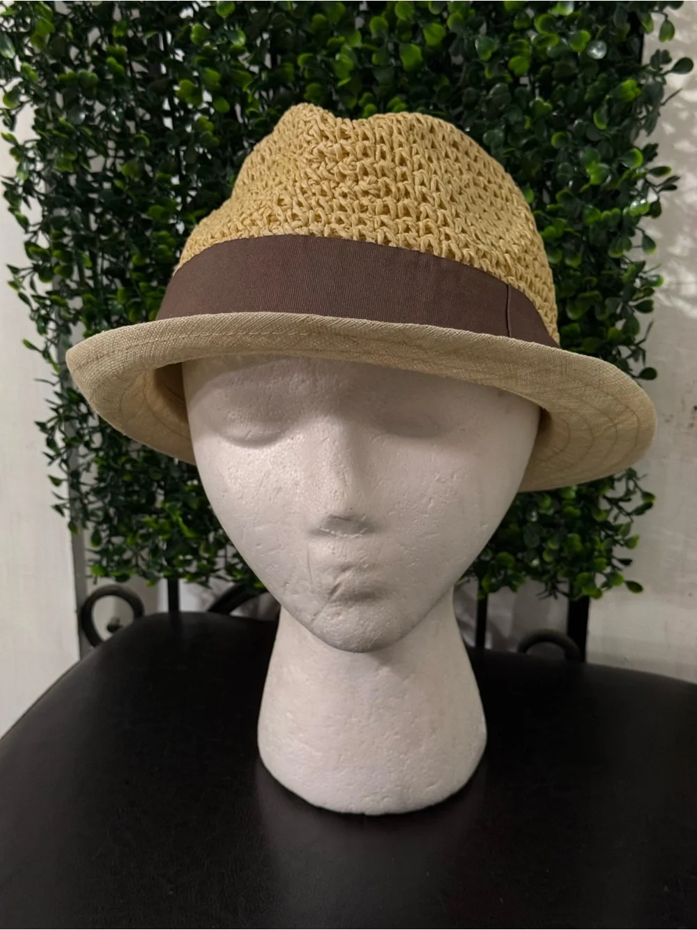 Linen and Straw Cloche Hat with Brown Ribbon